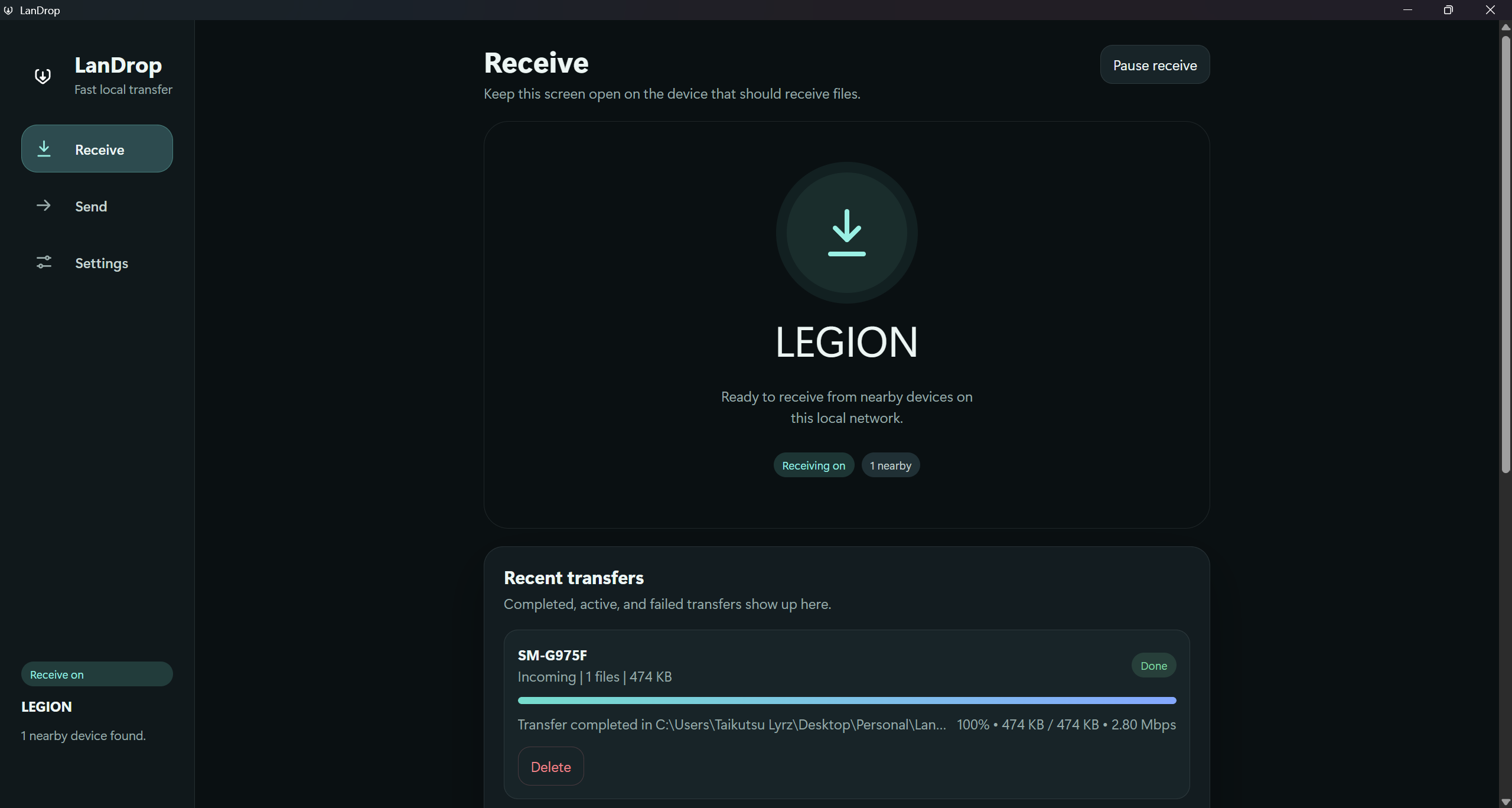 LanDrop Windows receive screen